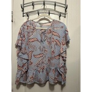 Belle‎ & Sky Semi Sheer Blouse Floral Clip Dot Ruffle Flutter Sleeve Women’s XL